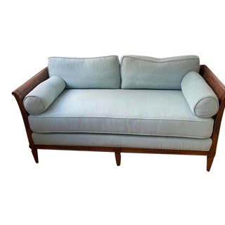 Vintage Upholstered Cane Settee For Sale