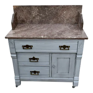 Antique Marble Top Solid Walnut Cottage Style Wash Stand W/Distressed Finish