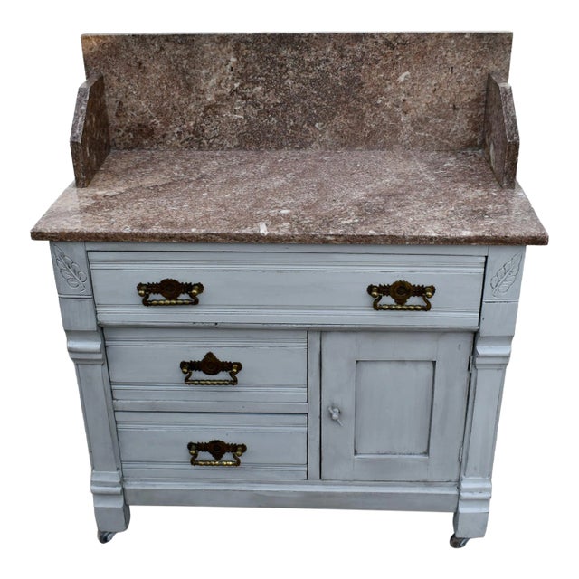 Antique Walnut Washstand Commode Pink Marble Top Gray Cottage Distressed 1880s For Sale