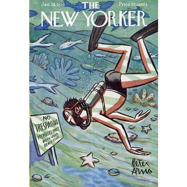 Original vintage New Yorker magazine cover dated January 28, 1956 featuring a Diving theme. Based on an illustration by...