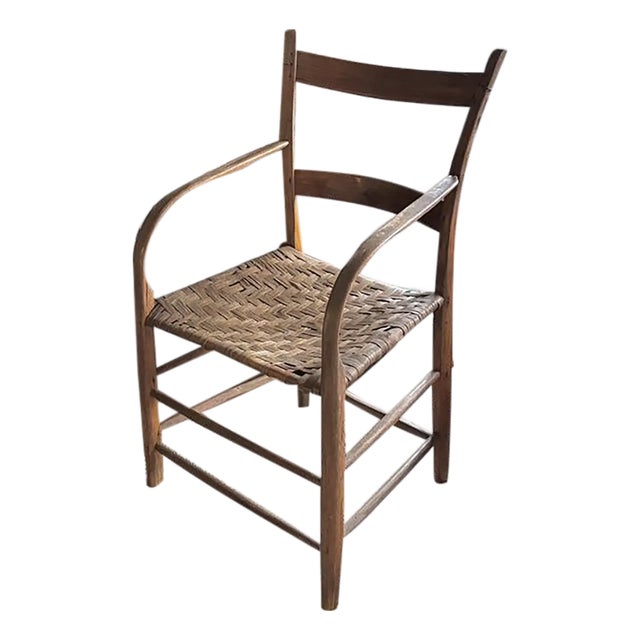 Antique Primitive Bentwood Arm Ladder Back Chair With Original Woven Splint Seat For Sale