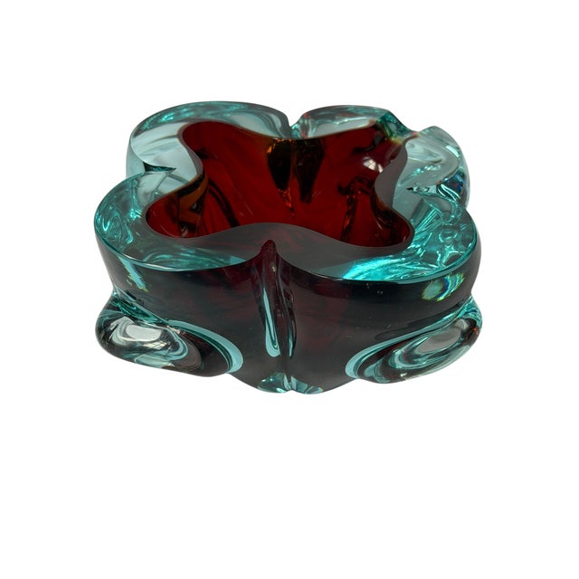 1960s Italian Murano Sommerso Ruby Red & Aqua Art Glass Bowl / Ashtray For Sale - Image 4 of 18