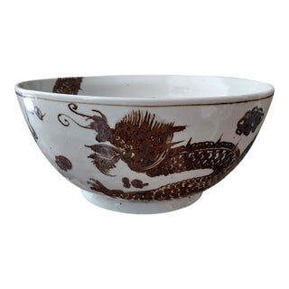Vintage Hand-Painted Dragon Motif Ceramic Centerpiece Bowl For Sale