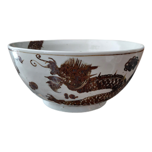 Vintage Hand-Painted Dragon Motif Ceramic Centerpiece Bowl
