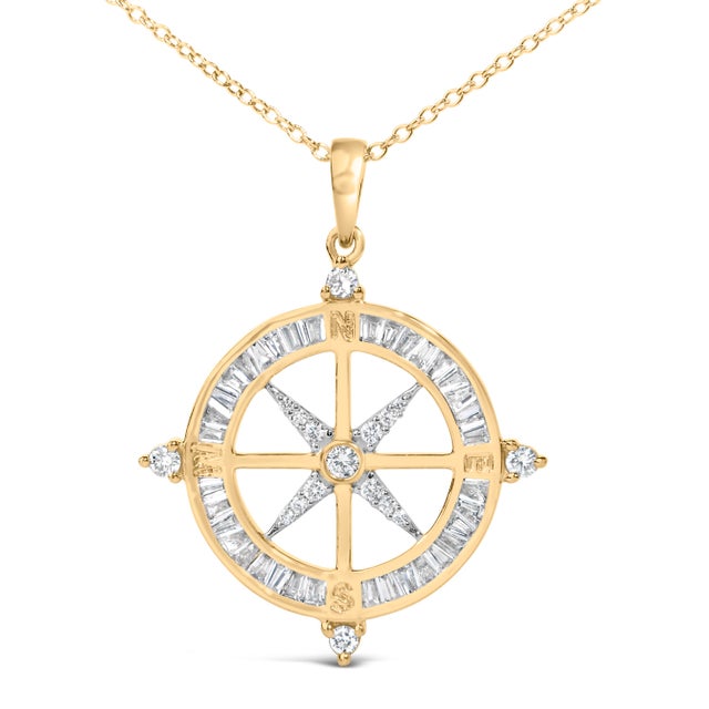 Contemporary 14K Yellow Gold Plated Sterling Silver 3/4 Cttw Diamond Compass Medallion Pendant Necklace For Sale - Image 3 of 5
