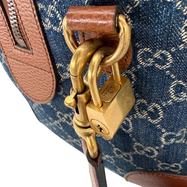 Gucci Denim Gg Supreme Canvas and Brown Leather Duffle Bag, Spring/Summer 2022. For Sale - Image 9 of 13