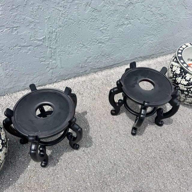 Black Vintage Chinese Hand Painted Floor Vases/Fish Bowls on Wooden Stands - A Pair For Sale - Image 8 of 9