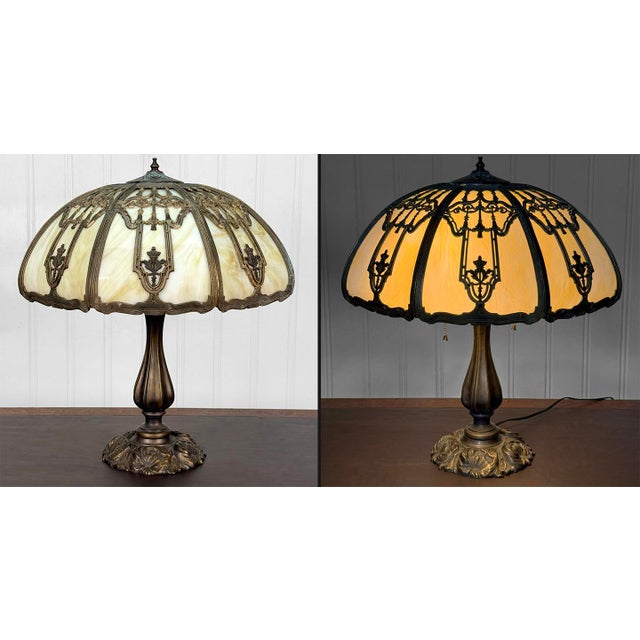 Original 1920's Art Nouveau Slag Glass Table Lamp 8 Carmel Slag Curved Panels (No Cracks) Filigree Shade with Wonderful...
