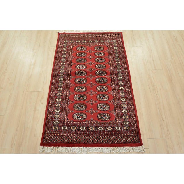Cabin Bokhara Rug 3’2” X 5’3” Red Wool Tribal Hand-Knotted Oriental Carpet For Sale - Image 3 of 13