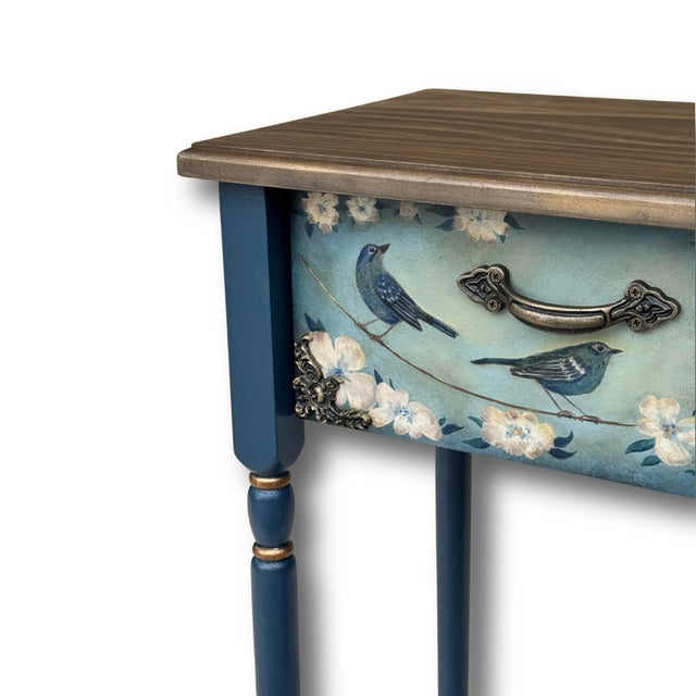 Figurative Hand-Painted Blue Birds Console Table – Solid Wood Entryway Accent Furniture For Sale - Image 3 of 12