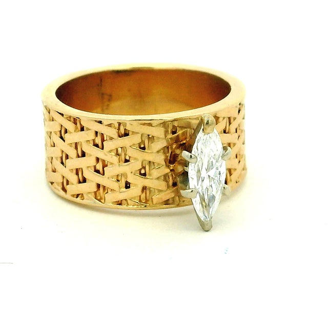 Mid-Century Modern 1970s FJG 14k Gold Basket-Weave Ring With Marquise Diamond, Size 5 For Sale - Image 3 of 14