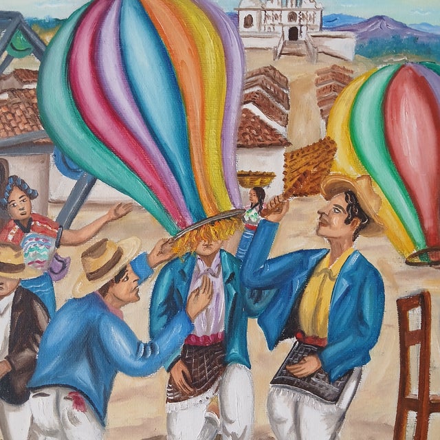 Mid 20th Century Guatemalan Folk Art Painting - The San Juan Comalapa Balloons For Sale - Image 4 of 10