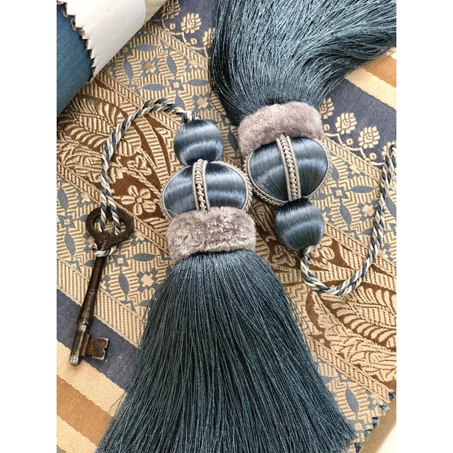 Textile Pair of Smoky Blue Key Tassels With Satin & Cut Velvet Details For Sale - Image 7 of 13