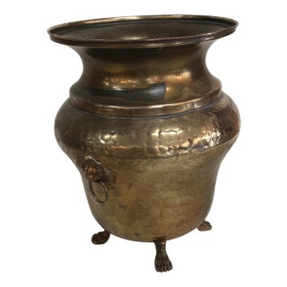 Georgian Style Hammered Brass Lion Head Motif Jardiniere For Sale