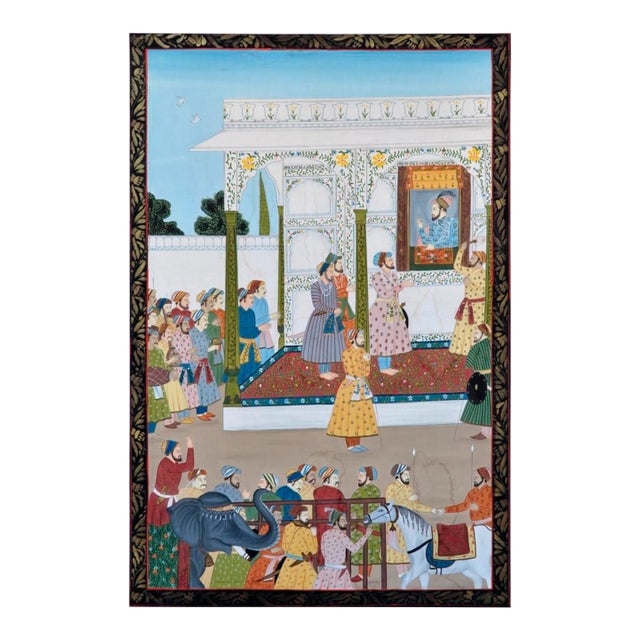 Large (45"x69") Persian Style Painting on Fabric Mounted on Board Depicting a Courtyard Scene For Sale