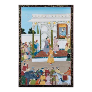 Large (45"x69") Persian Style Painting on Fabric Mounted on Board Depicting a Courtyard Scene
