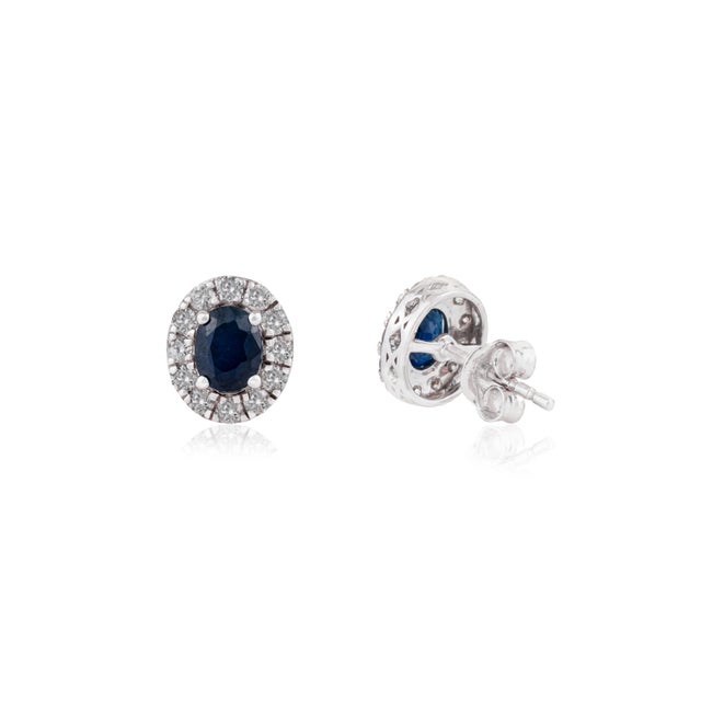 Classic Oval Blue Sapphire & Diamond Halo Stud Earrings in 14k Solid Gold- A Pair For Sale In New York - Image 6 of 14