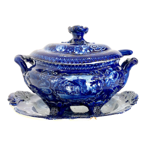 English Blue and White Transferware Covered Tureen Set With Ladle and Stand