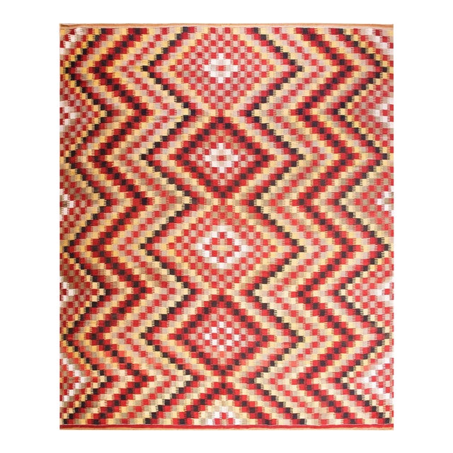 Decorative Antique Turkish Kilim Oushak Rug With a Tricolor Tridimensional Zig Zag Ground Color For Sale