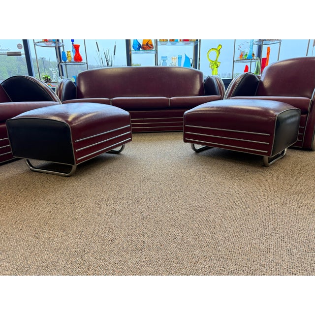 Burgundy 1980’s Donald Deskey Inspired Stream Line Modern Six Piece Seating Group For Sale - Image 8 of 12