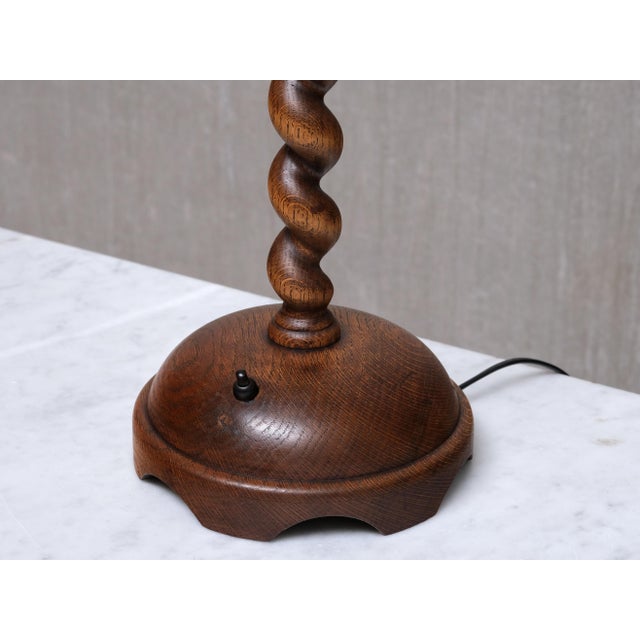 Brown French Sculptural Oak Table Lamp with Barley Twist Stem and Linen Shade, 1950s For Sale - Image 8 of 9