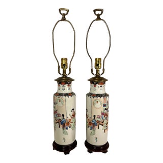 Pair of Vintage Chinese Export Porcelain Famille Rose Hand Painted Lamps Stamped For Sale