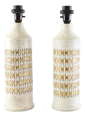 Ivory Glazed and Gold Ceramic Table Lamps by Bitossi for Bergboms, Sweden, 1960s, Set of 2