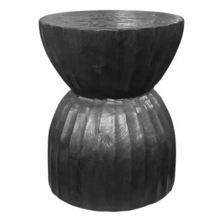 Solid Suar Wood Round Side Table Modern Organic, Burnt Finish For Sale