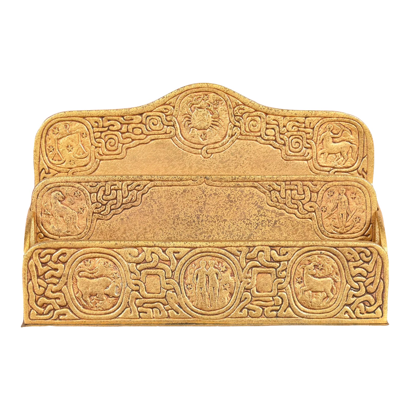 Tiffany Studios New York 'Zodiac' Bronze Doré Letter Rack | Chairish