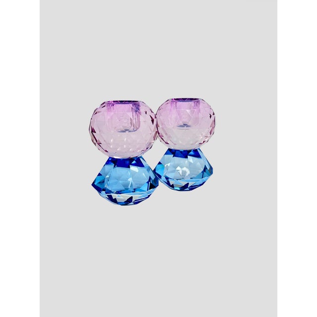 Mid-Century Modern Danish Faceted Crystal Candle Holder Blue & Lavender Pair For Sale - Image 3 of 4
