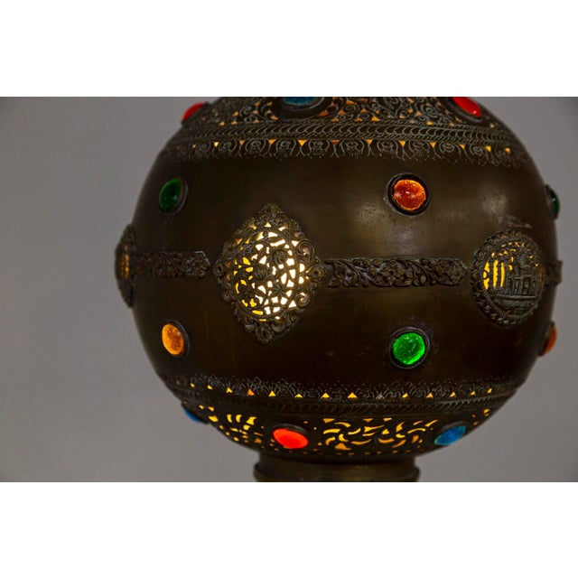 Brass Elongated Indian Gulab Pash Form Bejeweled & Pierced Brass Pendant Light For Sale - Image 8 of 11