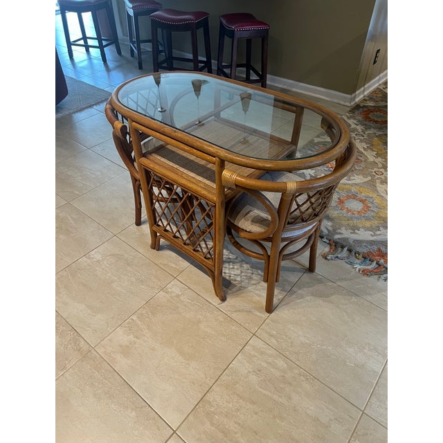 Vintage Rattan Honeymoon Table & 2 Chairs – Nesting Bistro Set W/ Glass Top For Sale - Image 4 of 8