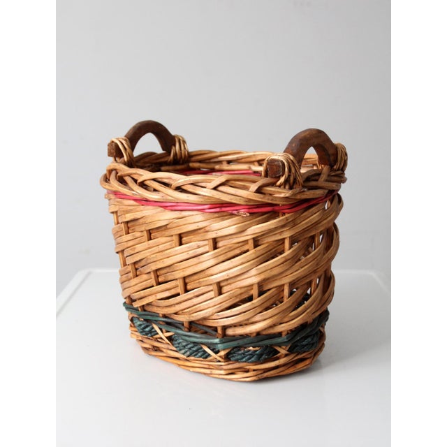 Farmhouse Vintage Woven Basket With Red and Green Bands For Sale - Image 3 of 9