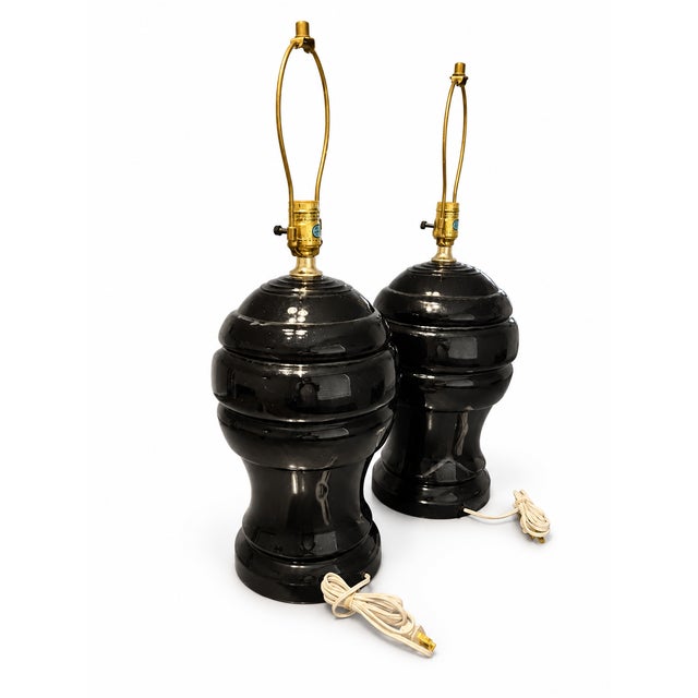 Metal Vintage 1980s Postmodern Black Glazed Ceramic Table Lamps — Pair For Sale - Image 7 of 9