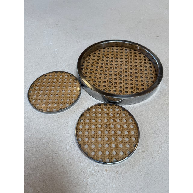 Vintage Chrome and Cane Tray With Matching Coasters, 1970s For Sale - Image 4 of 7