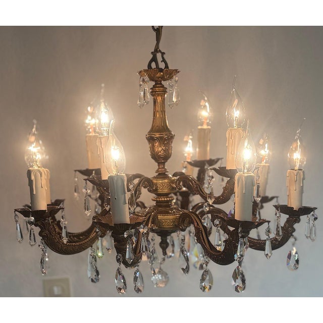 Gold Antique French Brass and Lead Crystal Twelve-Light Chandelier, 1920s For Sale - Image 8 of 11