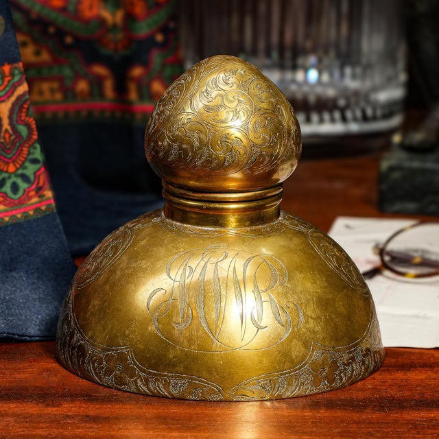 Traditional Ornate Aesthetic Movement Engraved Metal Desk Antique Inkwell Writing Victorian Home Office Decor For Sale - Image 3 of 15