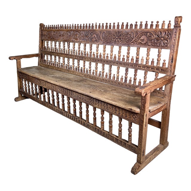 Large Antique Spanish Colonial Carved Hardwood Bench Late 18th / Early 19th Century For Sale