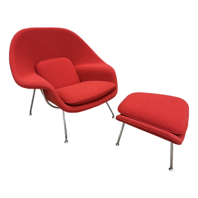 Eero Saarinen for Knoll Red Boucle Womb Chair and Ottoman For Sale