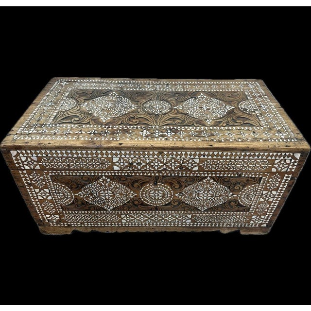 Exquisite Vintage Moorish patterns mother of pearl chest. This chest is an example of the superb craftsmanship of Syrian...