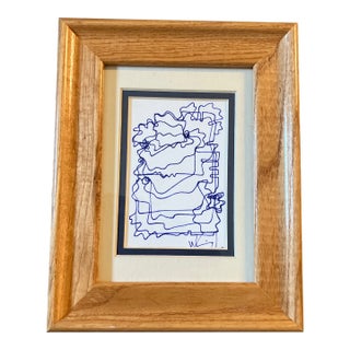 1980’s Original Wayne Cunningham Small Abstract Blue Ink Drawing Vintage Oak Tabletop Frame For Sale