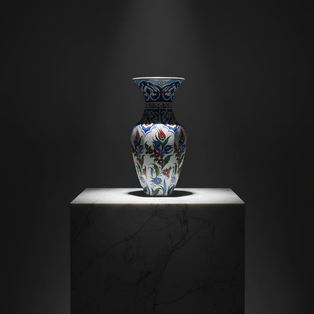 Blue Handmade Ceramic Vase (25cm) Traditional Turkish Floral Art – Faceted Hexagonal Body with Cobalt Blue Rumi Motifs For Sale - Image 8 of 8