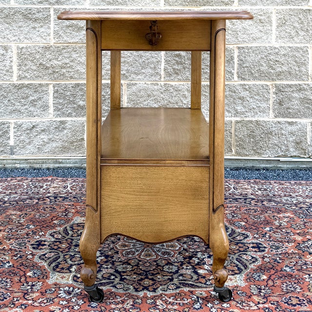 Vintage French Louis Xv Blond Walnut 2 Drawer Drop Leaf Rolling Serving Cart or Bar Cart For Sale - Image 11 of 18