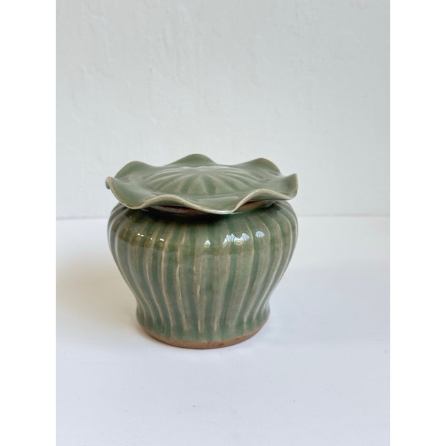 Modern Modern Longquan-Style Celadon Glazed Covered Jar With Lotus Lid For Sale - Image 3 of 8