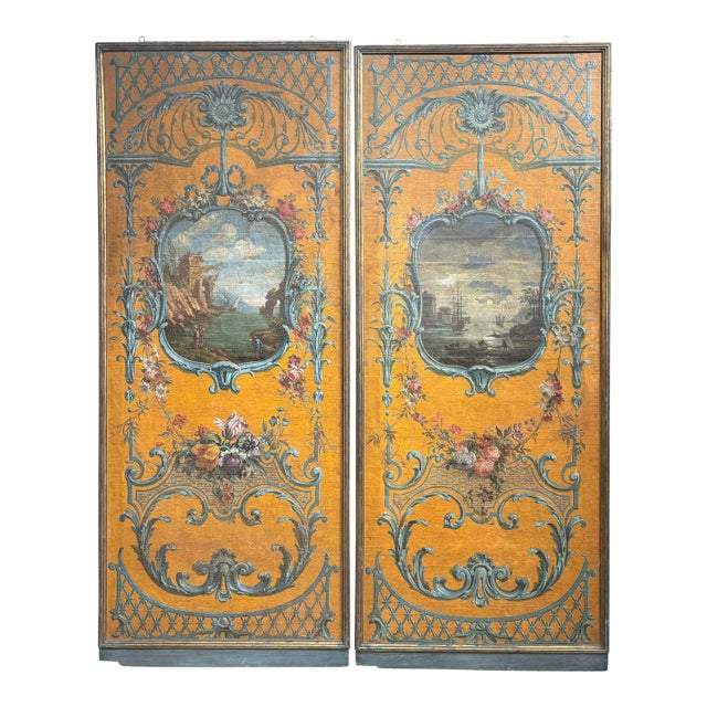 Pair of Large 19th Century Hand Painted Wall Panels on Canvas in Gilt Frames For Sale