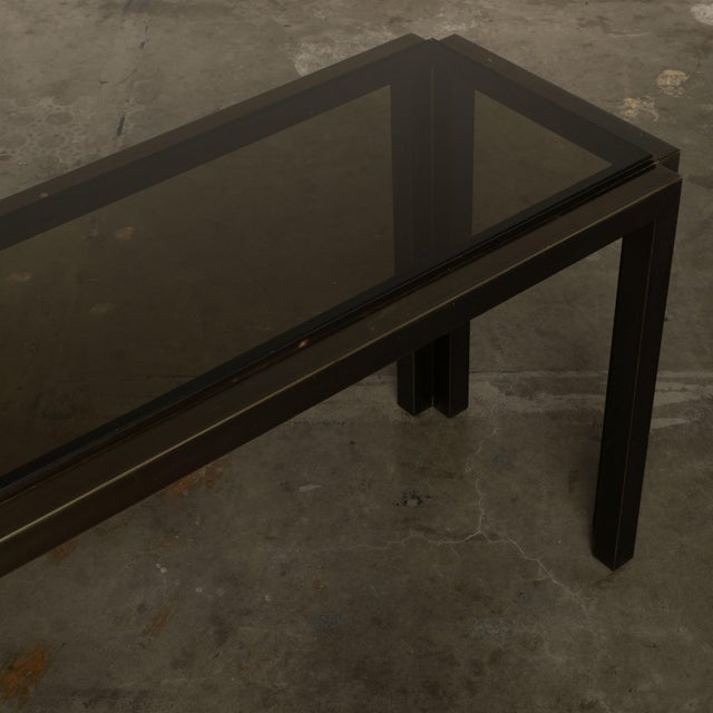 1960s Metallic Console Table Long & Low Glass Gunmetal Ultra Cool 73” For Sale - Image 13 of 16