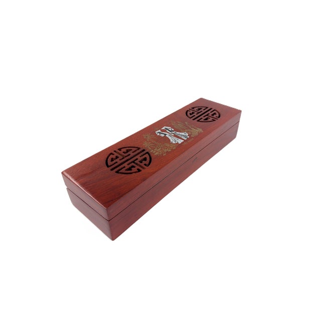 Brown Asian Modern Vietnamese Wooden Chopsticks for 8 With Brown Mother of Pearl Marbled Tips Decorative Storage Box and Coordinating Rests - 25 pcs For Sale - Image 8 of 10
