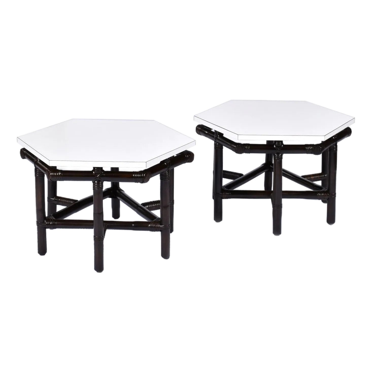 Pair of Ficks Reed Dark Rattan and White Hexagon Side Tables 1950s ...