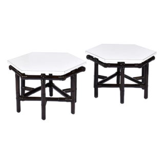 Pair of Ficks Reed Dark Rattan and White Hexagon Side Tables 1950s For Sale