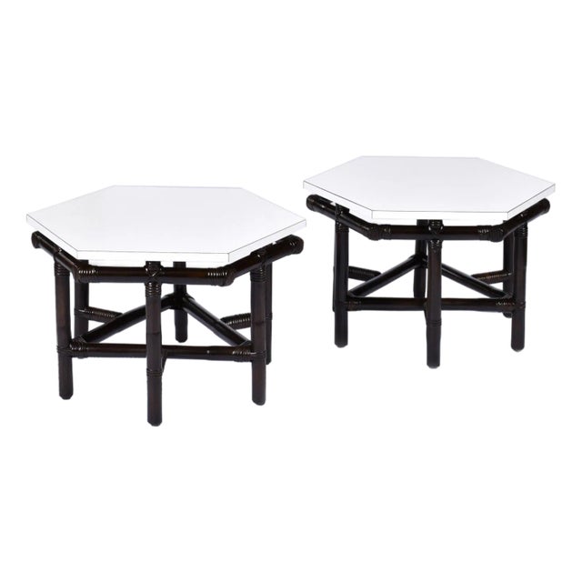 Pair of Ficks Reed Dark Rattan and White Hexagon Side Tables 1950s For Sale
